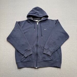 Y2K Nike Hoodie Men's Medium Navy Blue Small Swoosh Fleece Full Zip Silver Tag